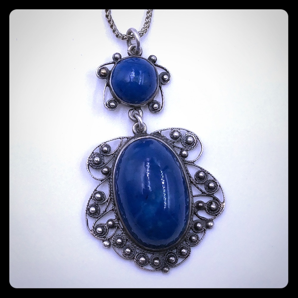 Antique Azurite Filagree Sterling pendant necklace